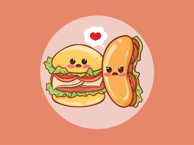 かわいいハンバーガーとホットドッグのカップルのコンセプト 漫画のキャラクターとイラスト プレミアムベクター