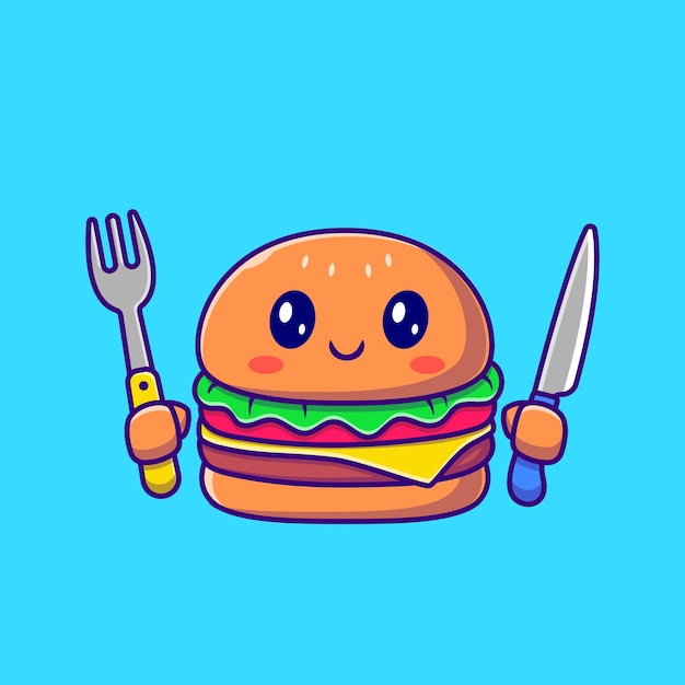 Free Vector Cute Burger Holding Knife And Fork Cartoon Fast Food Icon Concept Isolated Flat Cartoon Style