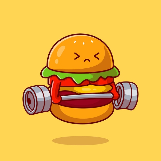 かわいいハンバーガーリフティングバーベル漫画ベクトルアイコンイラスト 食品健康アイコンの概念 フラット漫画スタイル 無料のベクター