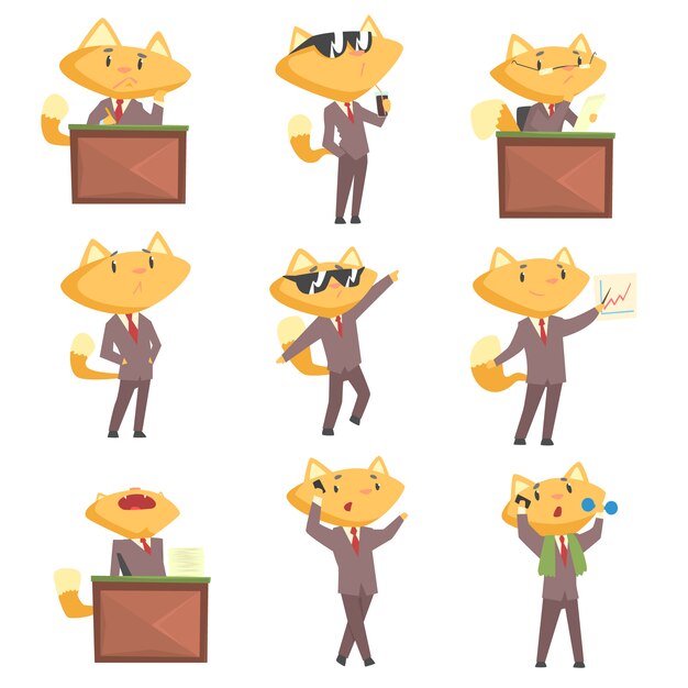 仕事と休憩でかわいいビジネスマンフォックスキャラクター 漫画のカラフルなイラストのさまざまな状況で面白い猫セット プレミアムベクター