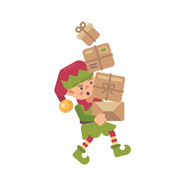 かわいい忙しいクリスマスエルフは子供のための贈り物を運ぶ ホリデーキャラクターフラットイラスト プレミアムベクター