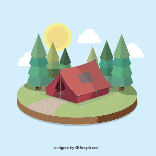 Cute camping tent surrounded by pines