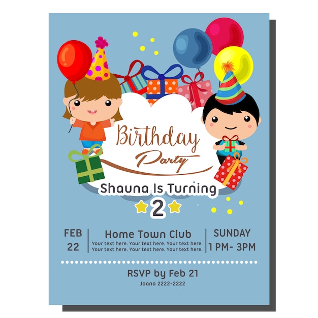 Download Cute cartoon 2nd birthday party invitation card with cute ...