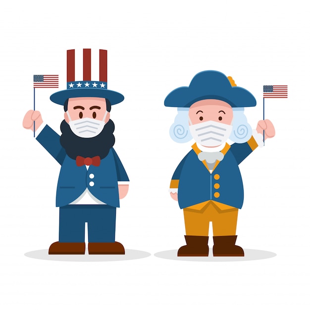 Premium Vector Cute Cartoon Abraham Lincoln And George Washington Wearing Face Masks President S Day