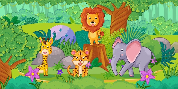 Premium Vector Cute Cartoon Animals In The Jungle Set Of Animals