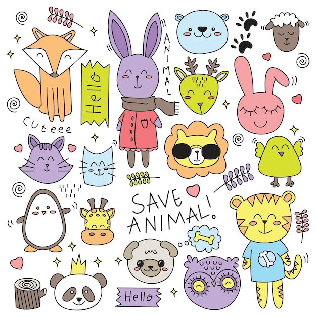 Premium Vector Cute Cartoon Animals Set In Doodle Style Vector Illustration