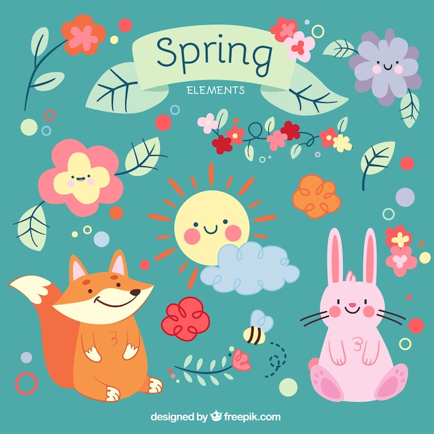 Premium Vector Cute cartoon animals and spring elements