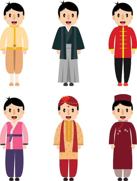 Premium Vector | Cute cartoon asian boy dress difference nationality