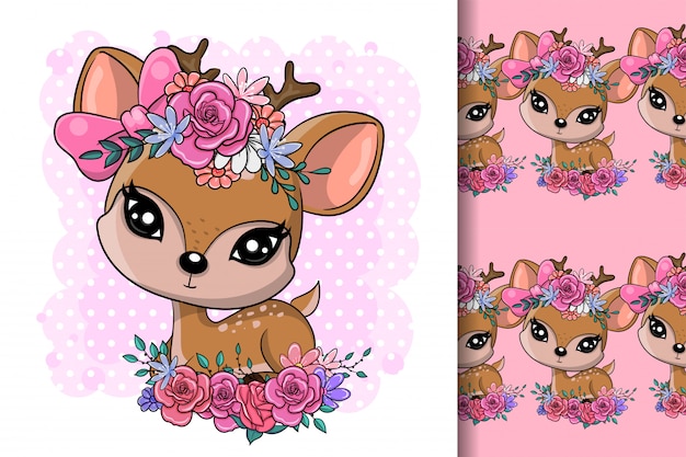 Download Cute cartoon baby deer with flowers | Premium Vector