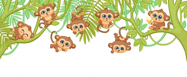 ジャングルの木の枝にぶら下がっているかわいい漫画赤ちゃん猿 プレミアムベクター