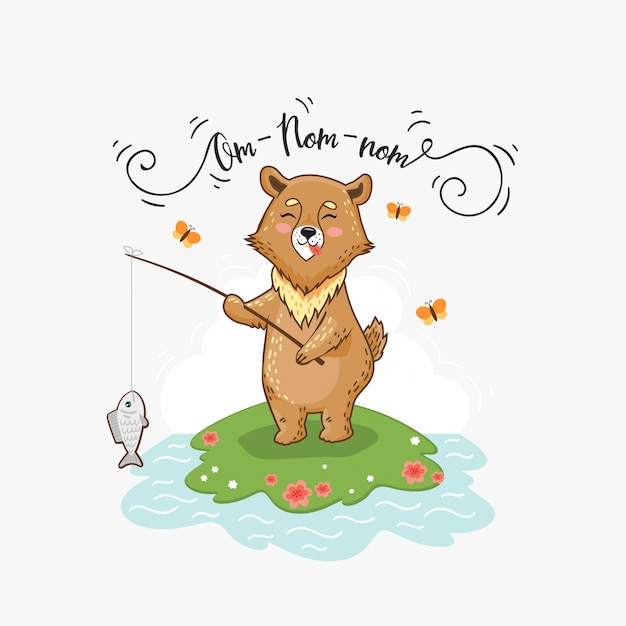 Premium Vector | Cute cartoon bear with fish. srping time