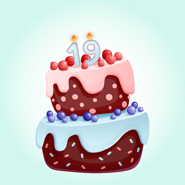 Premium Vector Cute Cartoon Birthday Festive Cake With Candle Number Nineteen 0659