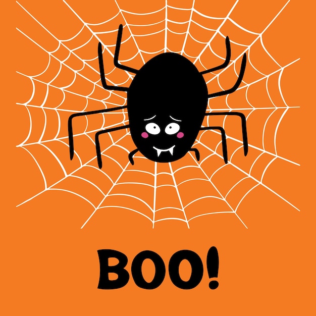 有罪のかわいい漫画黒いクモは オレンジ色の背景に白いクモの巣とブーの言葉を見てください ハロウィーンのグリーティングカード プレミアムベクター