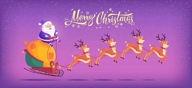 かわいい漫画青いスーツサンタクロース乗馬トナカイそりメリークリスマスイラスト水平バナー プレミアムベクター
