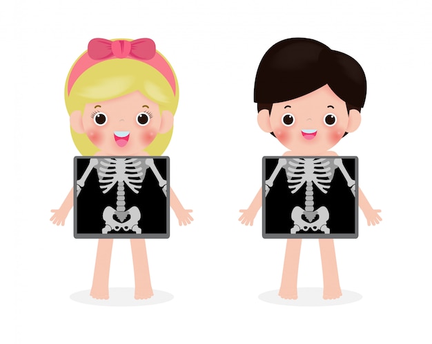 かわいい漫画の男の子と女の子の内臓と骨格を示すx線画面 X線チェックの骨の子供 白い背景で隔離の子供イラストの教育インフォグラフィックの要素 プレミアムベクター