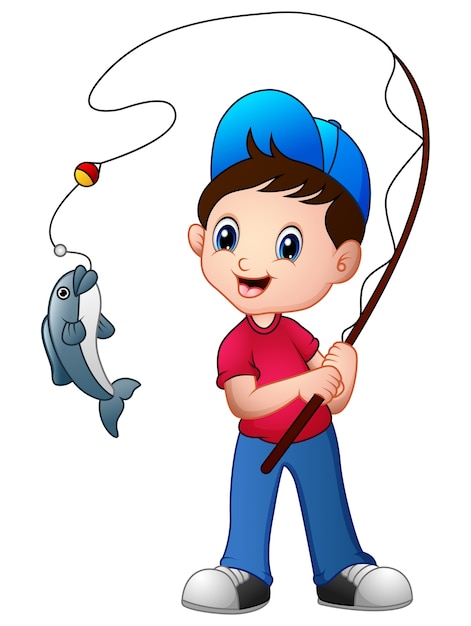 Download Cute cartoon boy fishing | Premium Vector