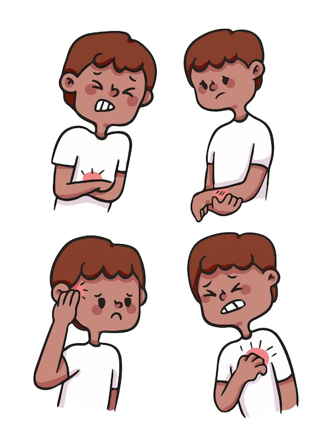 かわいい漫画の男の子がけがをして 痛みでイラストセットを傷つける プレミアムベクター