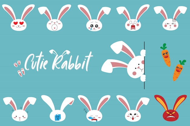かわいい漫画のウサギのキャラクター絵文字セット プレミアムベクター