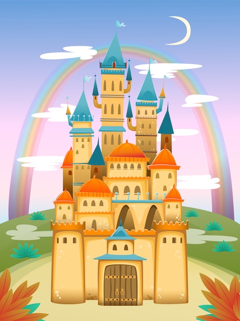 かわいい漫画の城 おとぎ話の漫画の城 ファンタジーおとぎ話の宮殿 図 プレミアムベクター