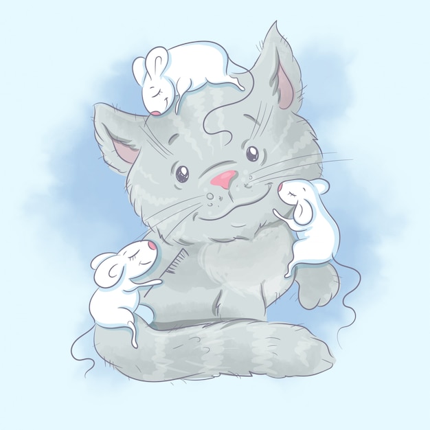 プレミアムベクター かわいい漫画の猫とマウス 水彩イラスト