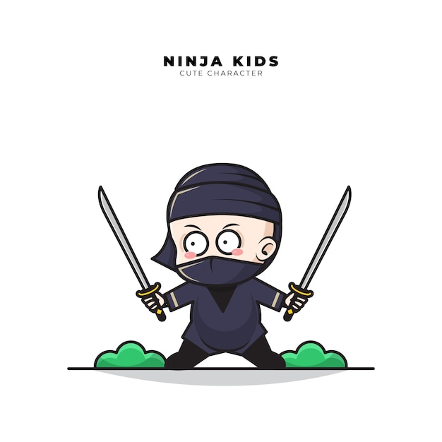 赤ちゃん忍者のかわいい漫画のキャラクターは2本の剣を持っています プレミアムベクター