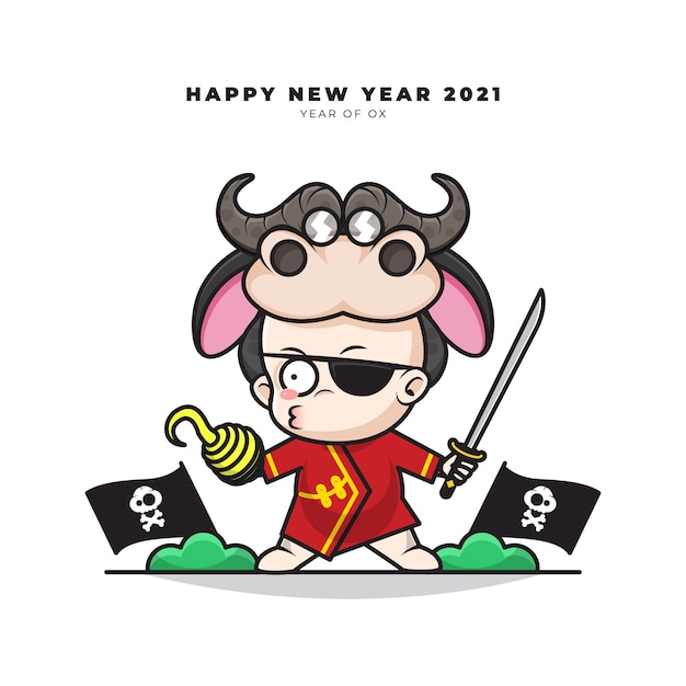 牛の衣装を着た中国の赤ちゃんのかわいい漫画のキャラクターは 剣と新年の挨拶を振るう海賊の役割を果たします プレミアムベクター