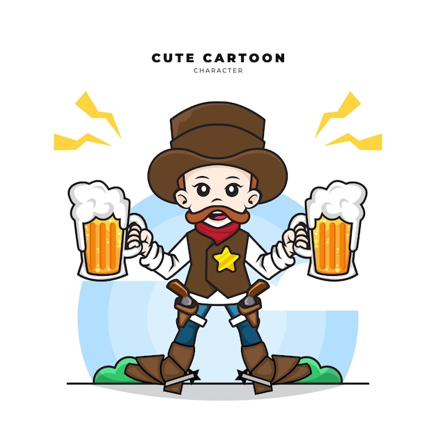 2つのビールを保持しているカウボーイのかわいい漫画のキャラクター プレミアムベクター