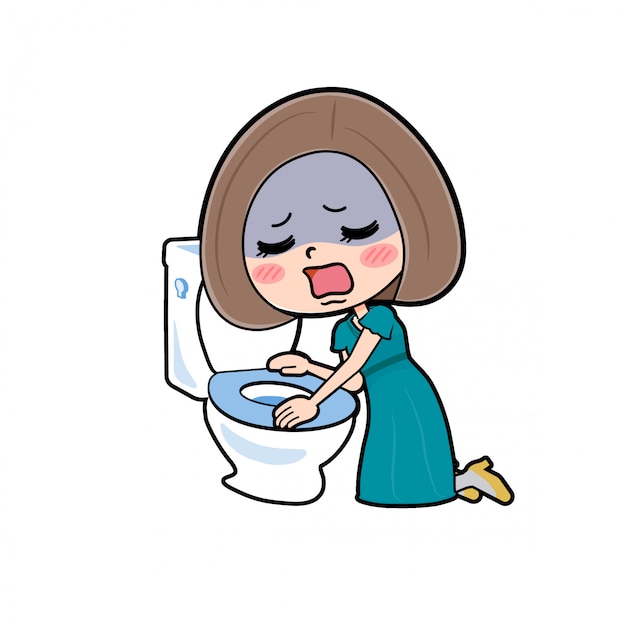 Premium Vector | Cute cartoon character women, toilet nausea