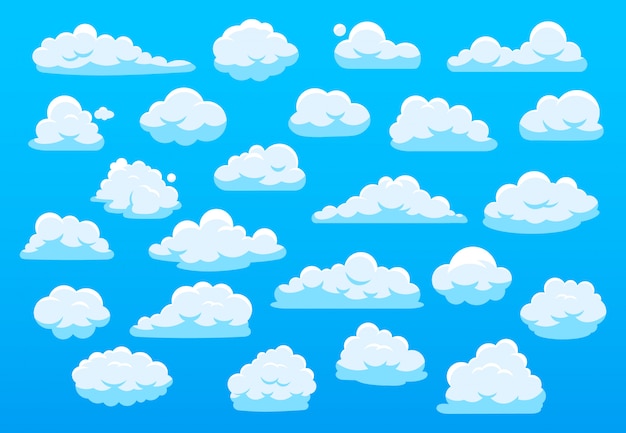 かわいい漫画の雲 かわいい漫画の雲 自然の白い雲 さまざまな形のイラストセットのふわふわcloudscape天国パノラマ白い雲と青い空 くもり要素バンドル プレミアムベクター