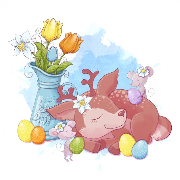 チューリップの花束とネズミと着色イースターエッグと眠っている鹿のかわいい漫画の組成物 ベクトル図 プレミアムベクター