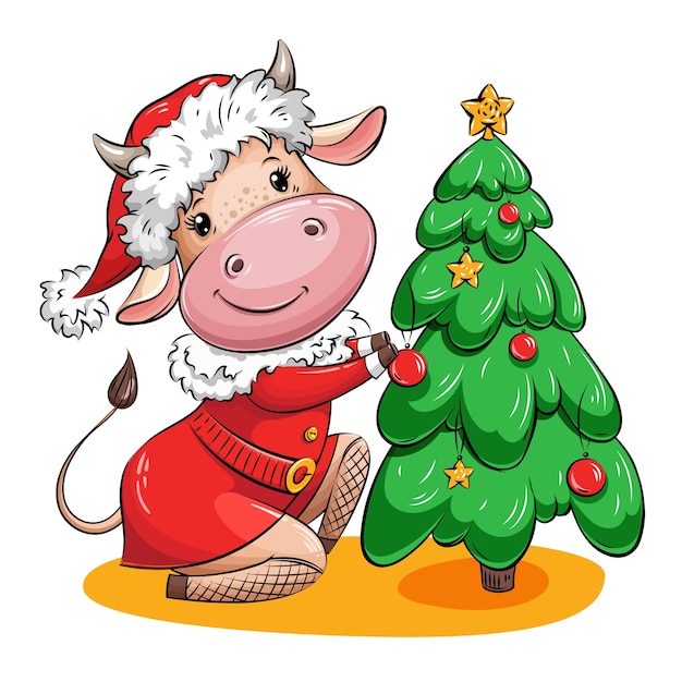 Premium Vector | Cute cartoon cow in santa suit is decorating christmas ...