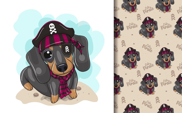 Cute cartoon dachshund with pirate costume and pattern set Premium Vector