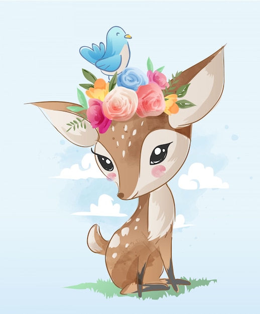プレミアムベクター 花の冠のイラストがかわいい漫画鹿