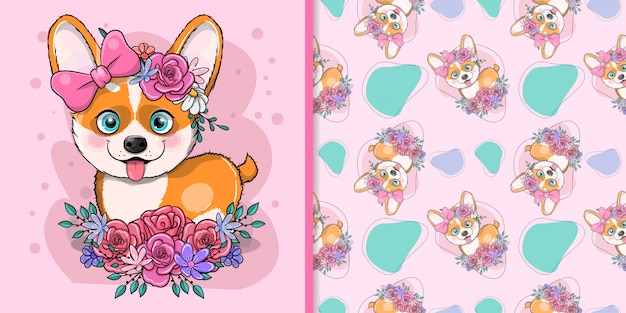 Premium Vector Cute Cartoon Dog Corgi With Flowers