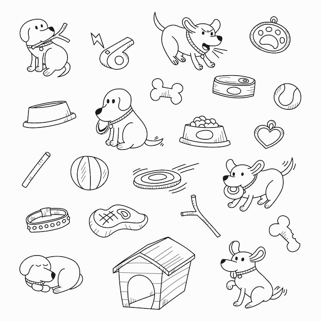 Cute cartoon dogs in lovely actions and playing with toys hand drawn