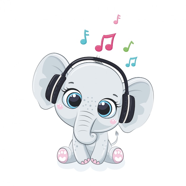 Premium Vector Cute Cartoon Elephant Boy With Headphones Listen To Music