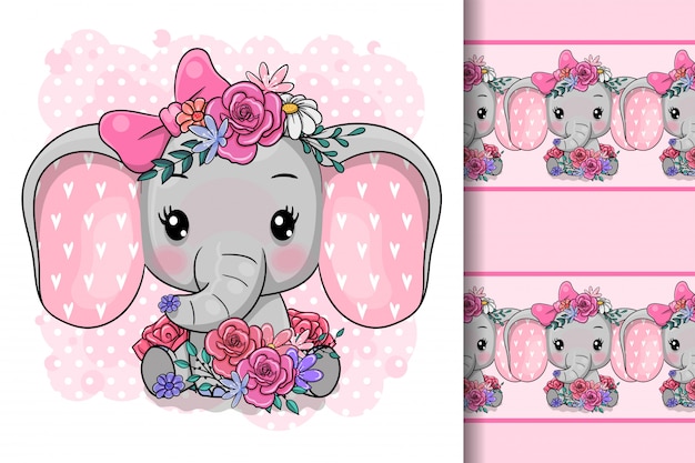 Download Cute cartoon elephant with flowers Vector | Premium Download