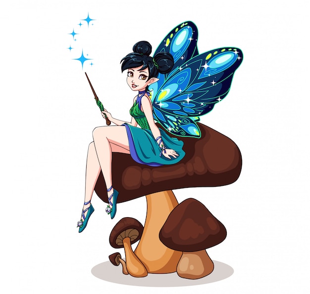 花の上に座って蝶の羽を持つかわいい漫画の妖精 青いドレスを着ている黒いパンを持つ少女 手描きイラスト 子供のモバイルゲーム 本などに使用できます プレミアムベクター