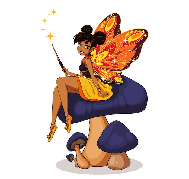 花の上に座って蝶の羽を持つかわいい漫画の妖精 黄色のドレスを着ている茶色のパンを持つ少女 手描きイラスト プレミアムベクター