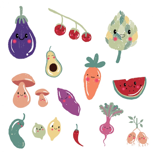 プレミアムベクター かわいい漫画の果物と野菜のキャラクター アイコン イラストセット ニンジン トマト アボカド キノコ ジャガイモ レモン