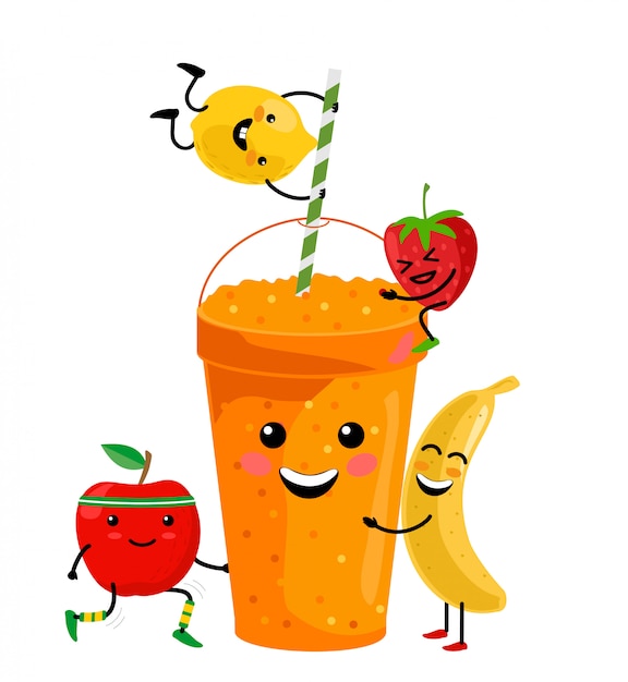カップでかわいい漫画フルーツスムージー 新鮮な夏のジュース マグカップとかわいい漫画の果物 ドリンクメニュー 健康的なビーガンライフスタイルの図 プレミアムベクター