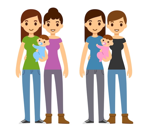 男の子と女の子の赤ちゃんを保持しているかわいい漫画の同性愛者のカップル 家族養子縁組イラスト プレミアムベクター
