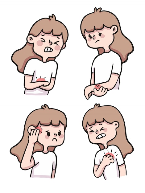 かわいい漫画の女の子が怪我をして 痛みで イラストセットを傷つける プレミアムベクター
