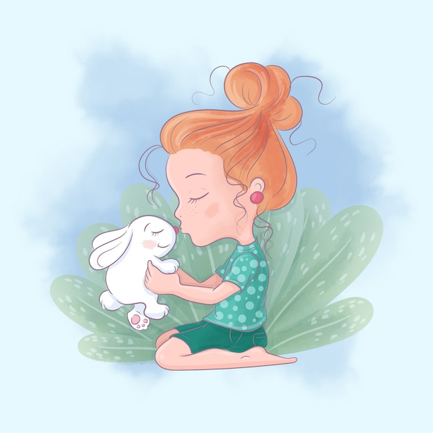 ウサギとかわいい漫画の女の子は親友にキスします 水彩イラスト プレミアムベクター