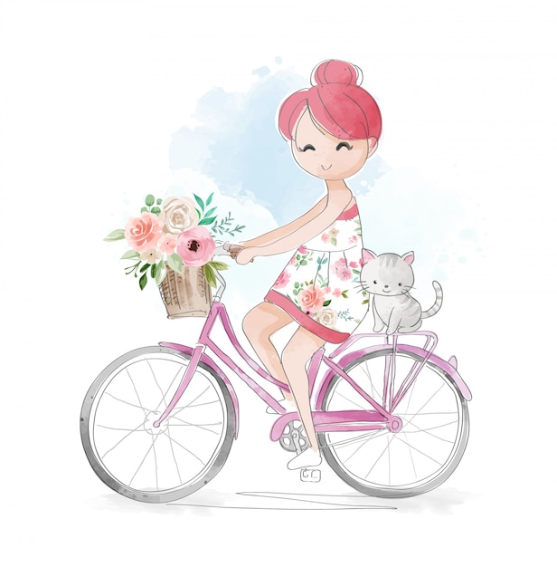 自転車のイラストに乗る猫とかわいい漫画の女の子 プレミアムベクター