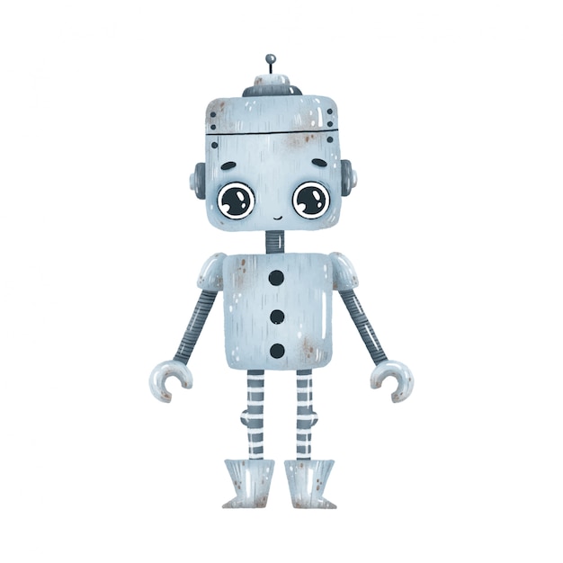 Premium Vector Cute Cartoon Grey Robot With Big Eyes On A White Background