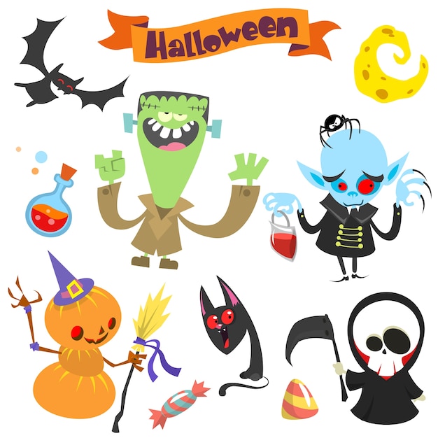 Download Cute cartoon halloween characters icon set | Premium Vector