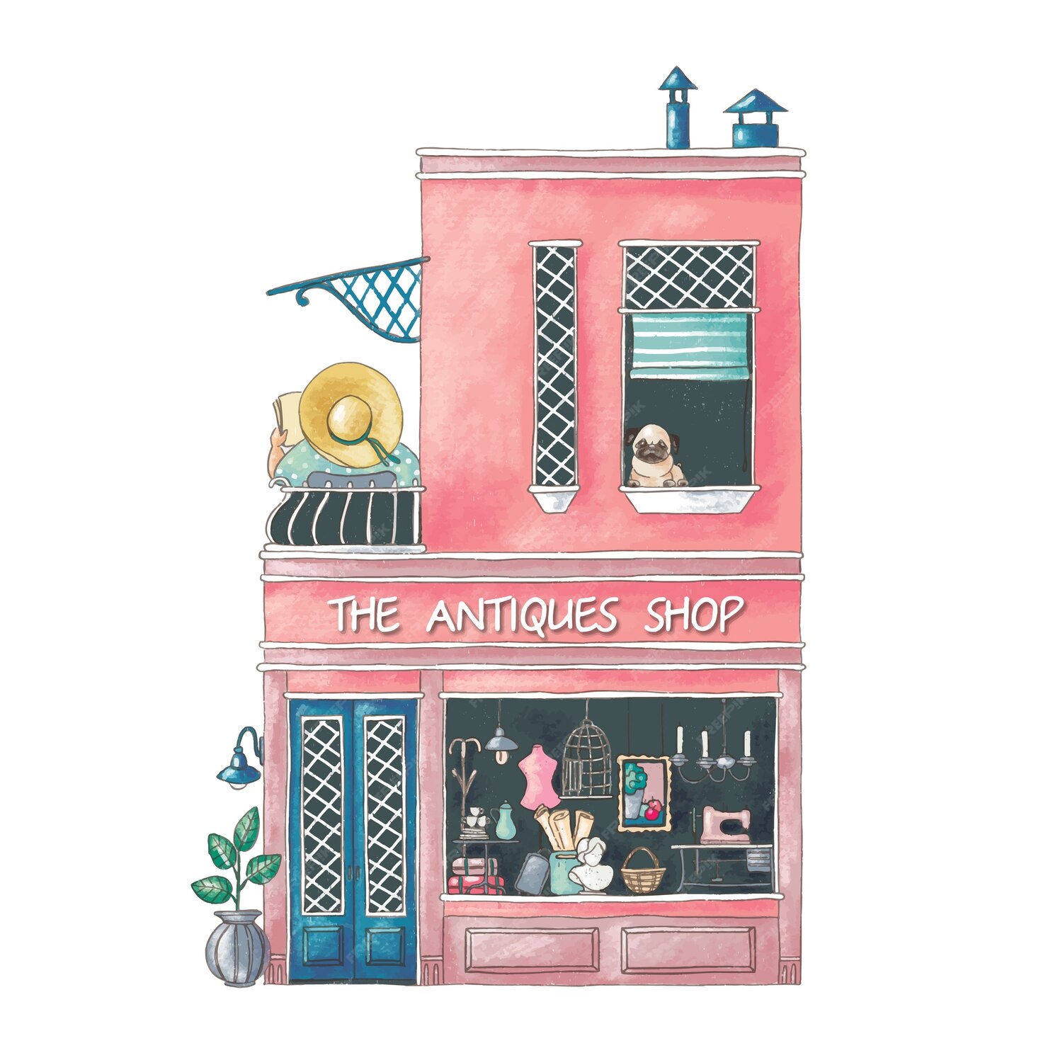 Premium Vector | Cute cartoon illustration of antiques shop building