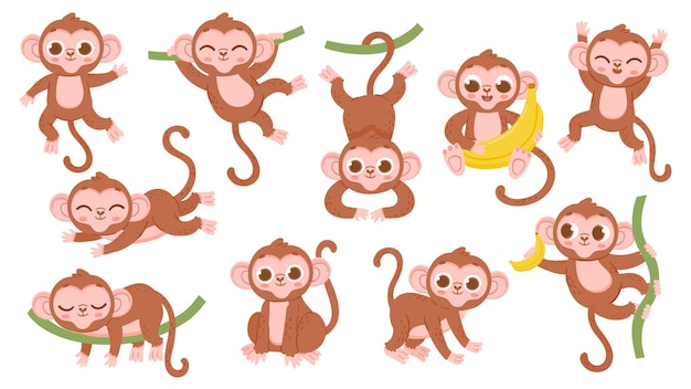 かわいい漫画のジャングルの赤ちゃん猿のキャラクターのポーズ エキゾチックな熱帯動物のマスコット 木の上でジャンプする類人猿 バナナを保持し ポーズで猿の キャラクターのベクトルセットを眠るさまざまなイラスト プレミアムベクター