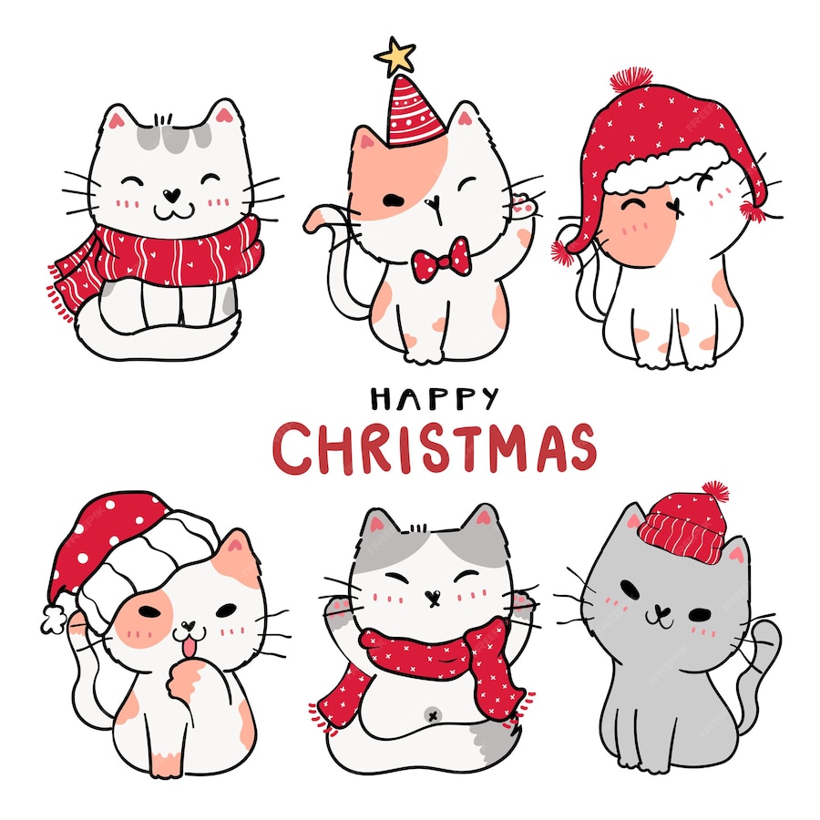 Premium Vector Cute cartoon kitten cat set happy christmas.
